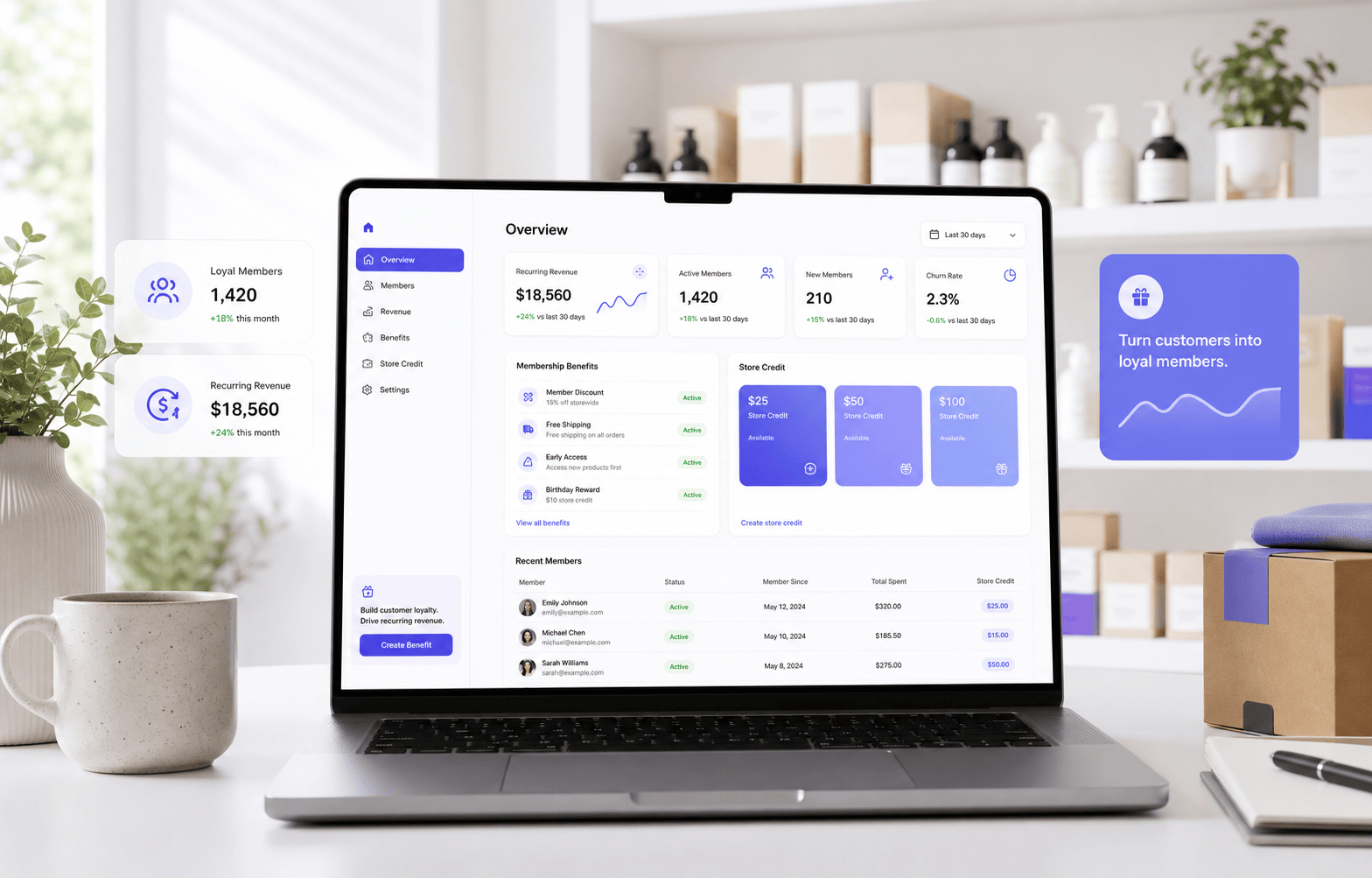 Memberply membership program dashboard showing recurring revenue, members, benefits and store credit