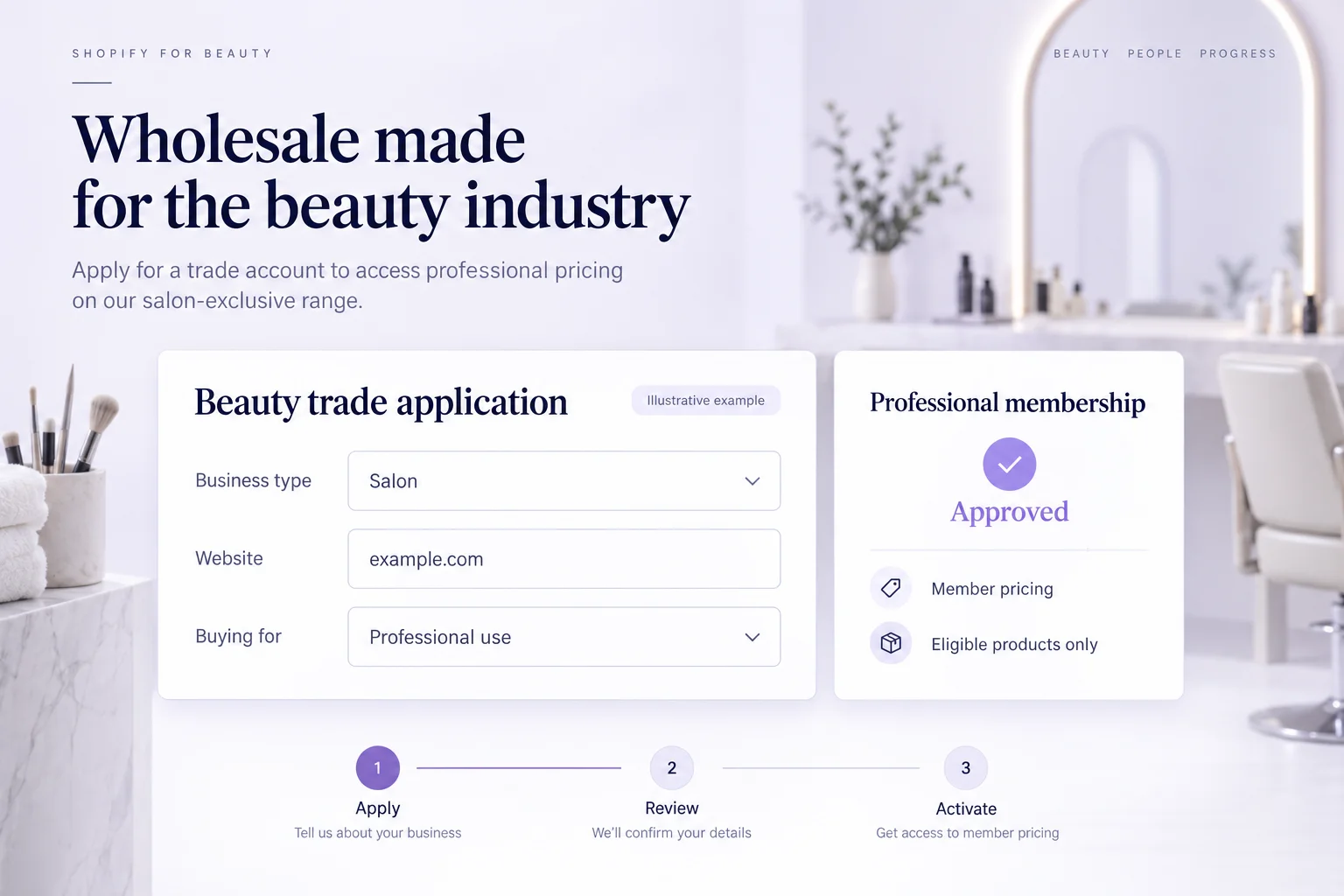 Illustrative beauty trade application for a salon beside an approved professional membership card with eligible-product pricing