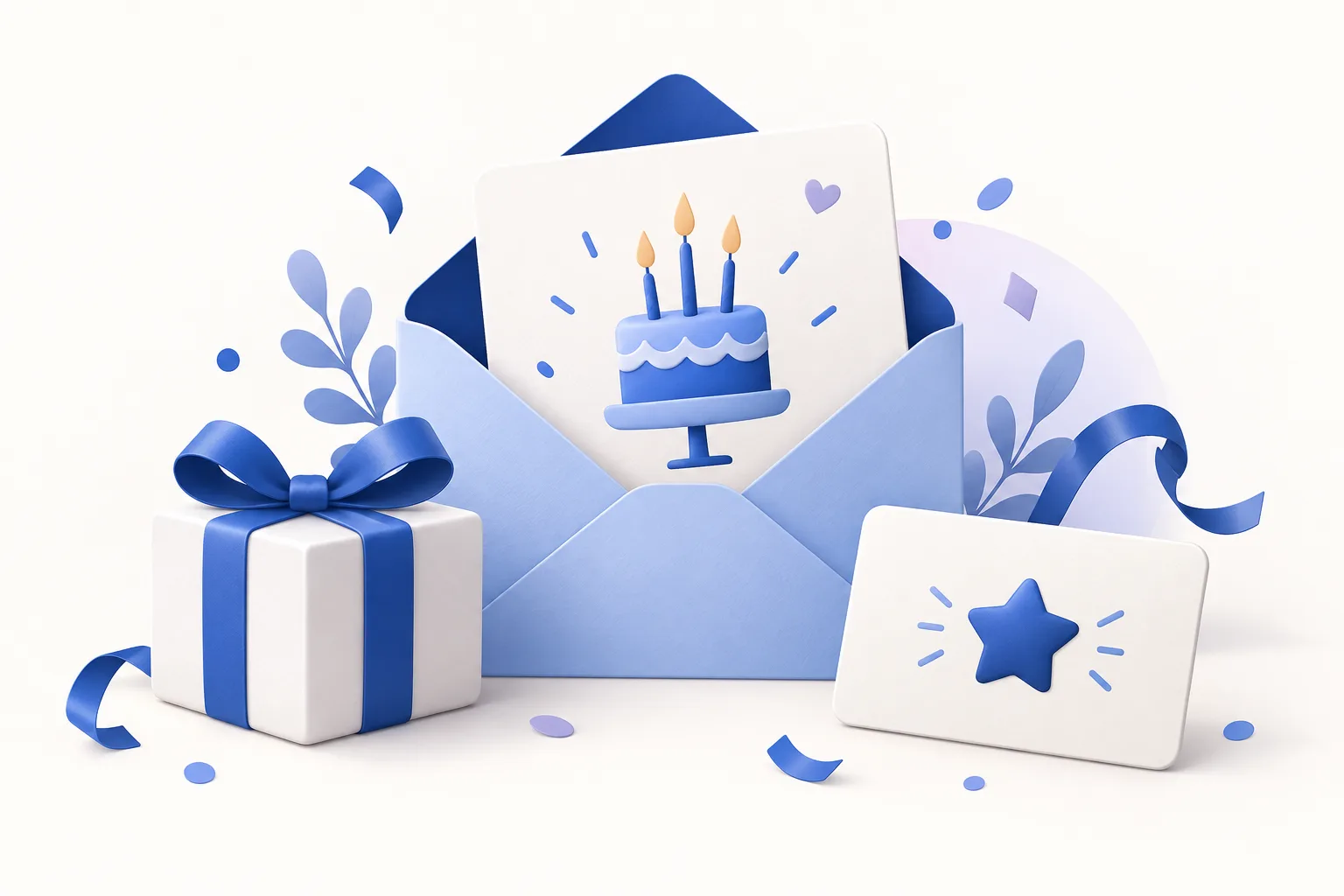 Illustration of a birthday greeting envelope, blue gift box and reward card