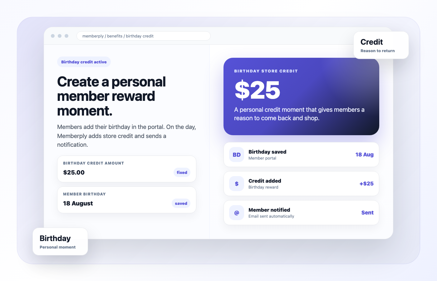 Memberply birthday store credit membership mockup
