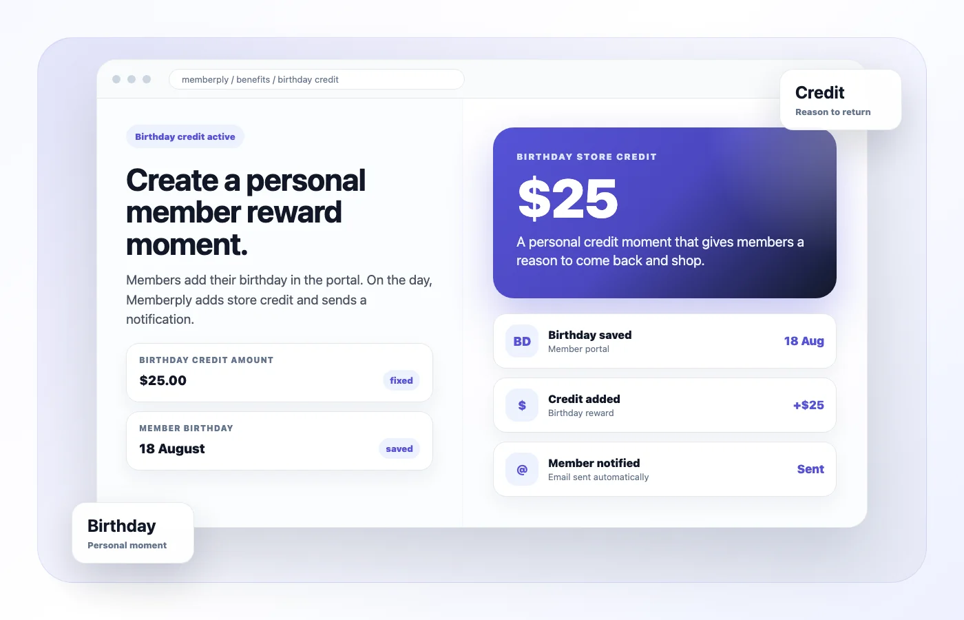 Illustrative birthday reward interface showing a sample $25 credit, a saved August 18 birthday and a credit notification