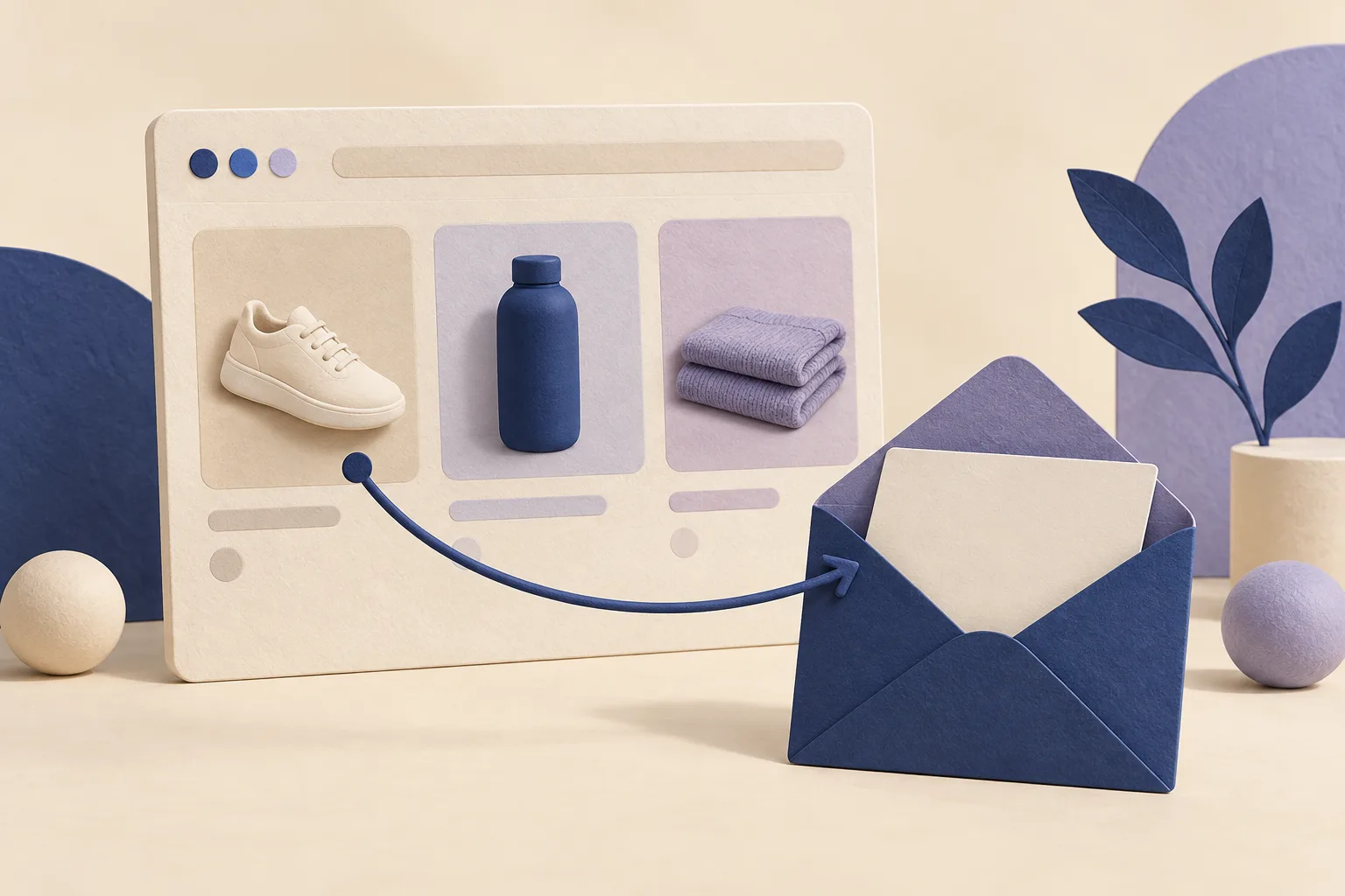 Conceptual illustration of product tiles in a browser window connected to an envelope representing a browsing follow-up
