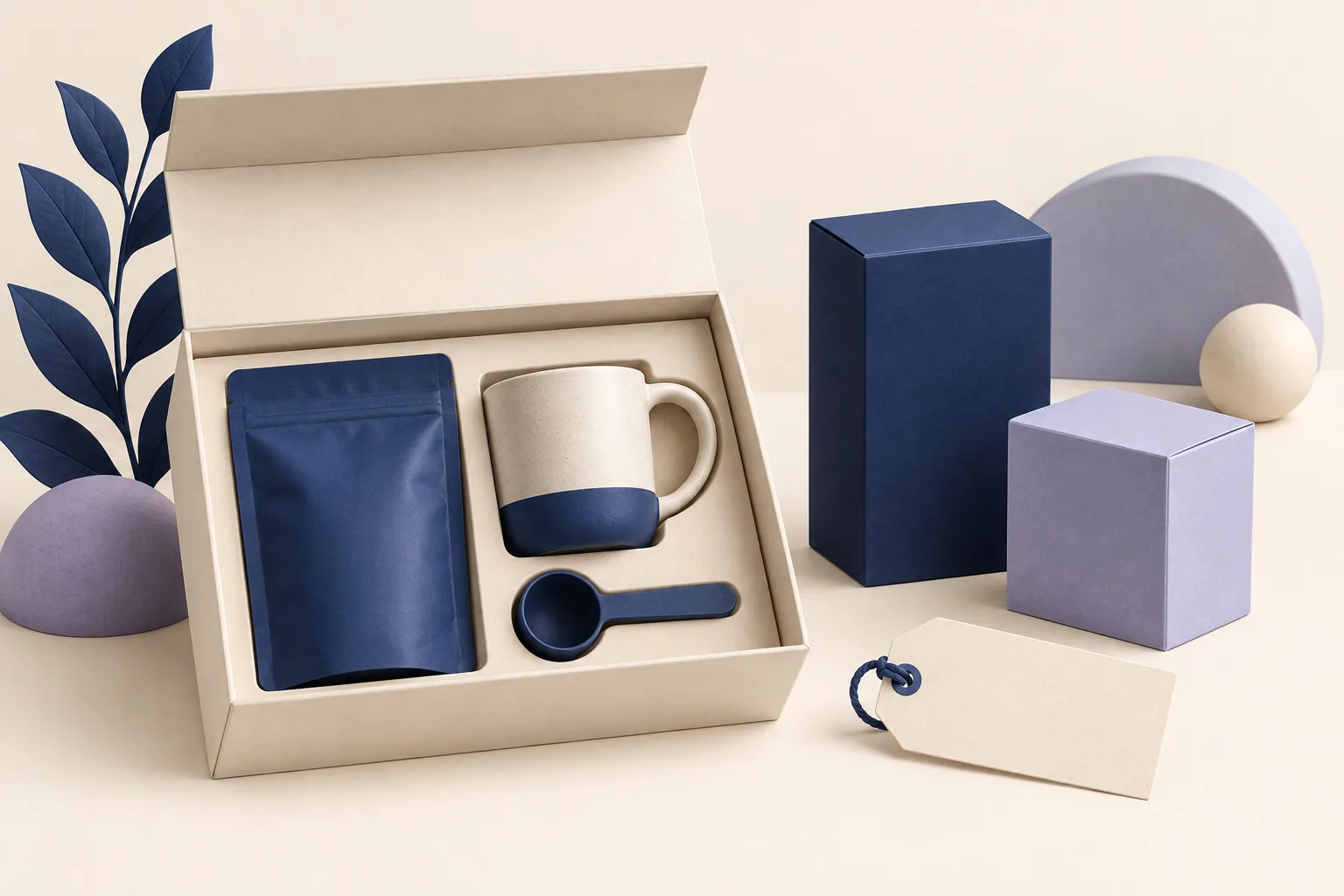 Conceptual illustration of a coffee pouch, cup and scoop grouped in a presentation box beside separate products