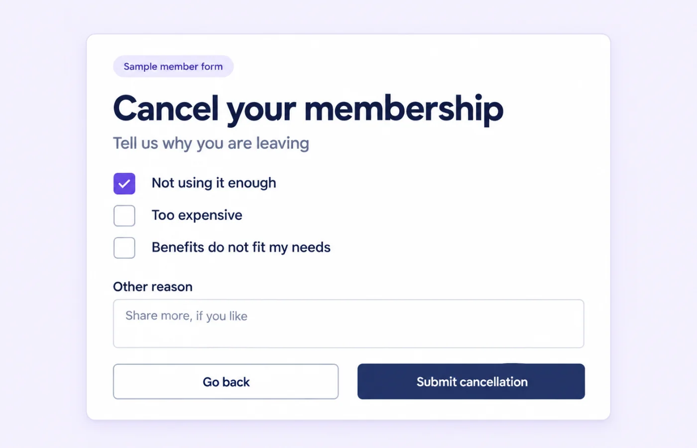 Illustrative member cancellation form with sample reason checkboxes, an Other field and cancellation controls