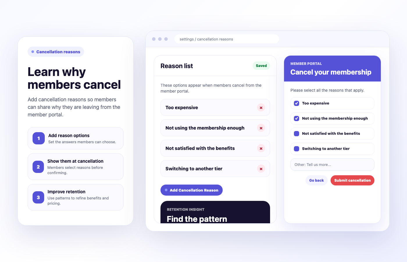 Memberply cancellation reasons settings and member portal cancellation modal mockup