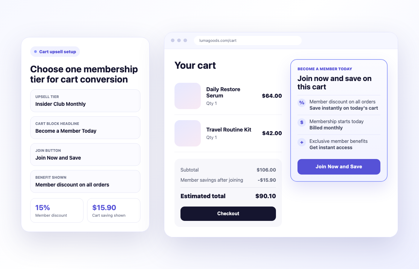 Memberply cart page membership upsell mockup