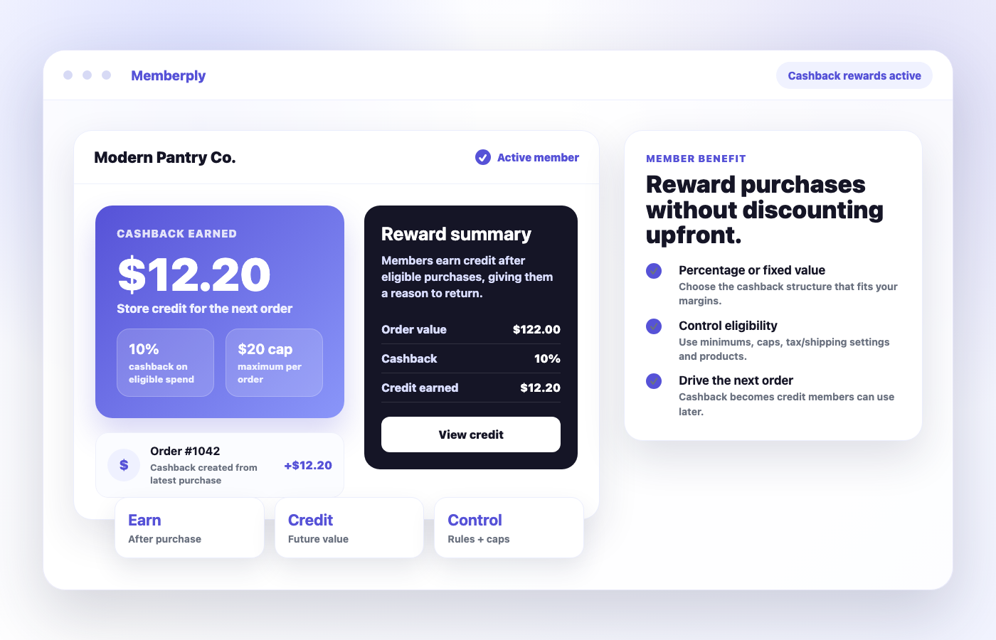 Memberply cashback rewards member credit mockup