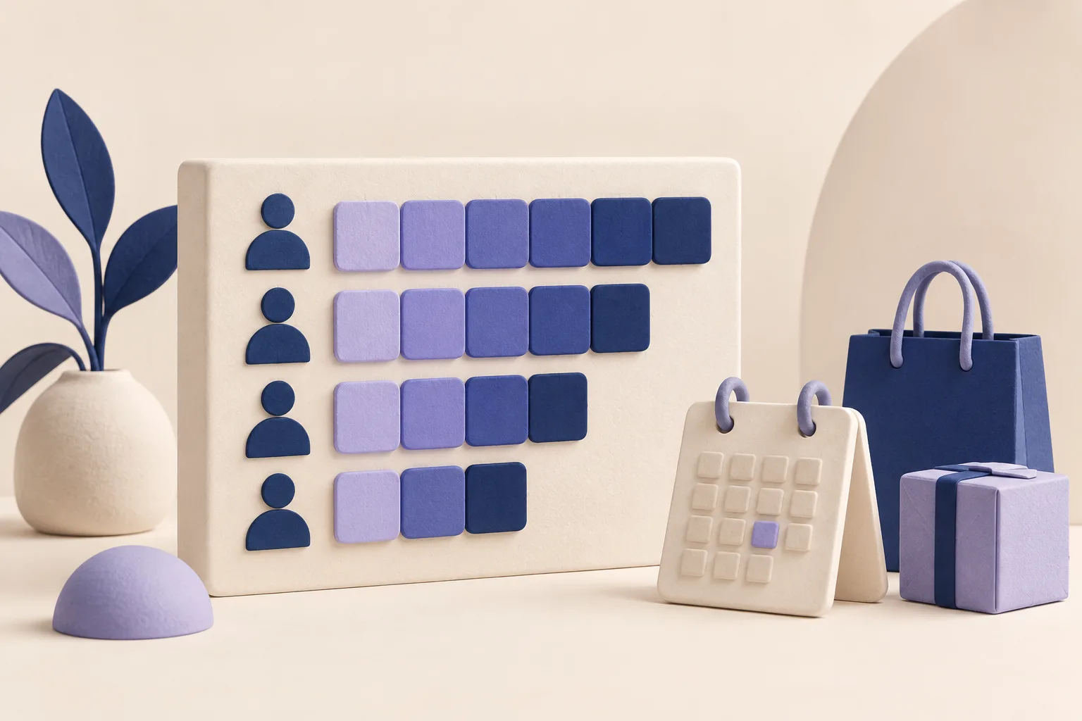 Conceptual illustration of customer rows and a stepped cohort grid beside a calendar and shopping parcels
