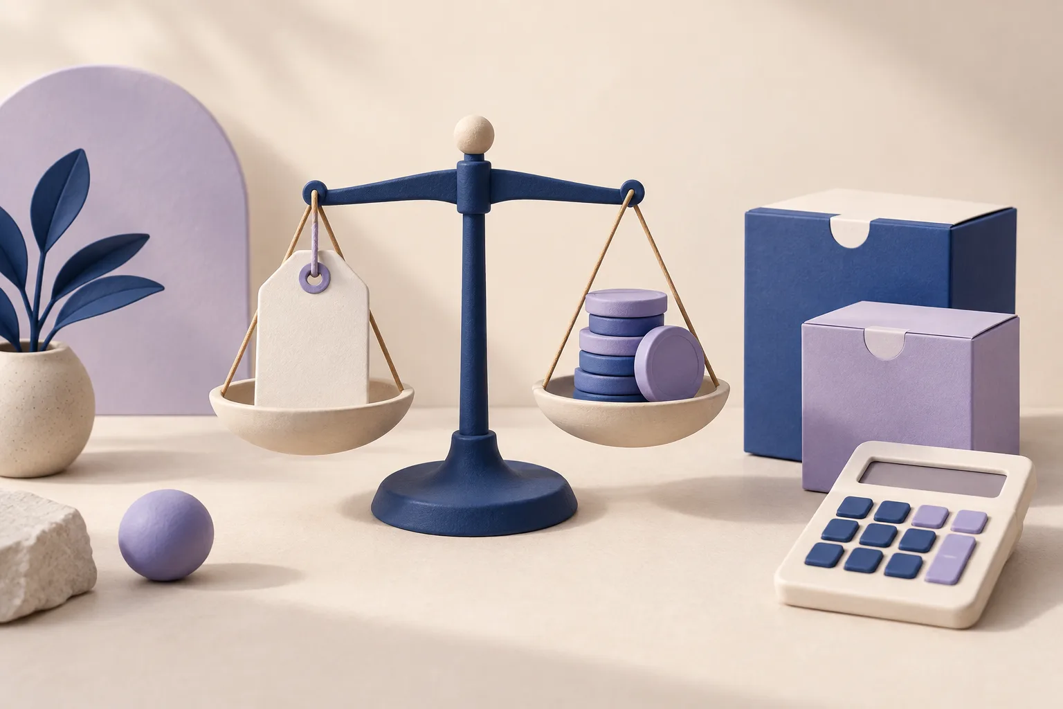 Conceptual illustration of a scale comparing a price tag and coins beside product boxes and a calculator