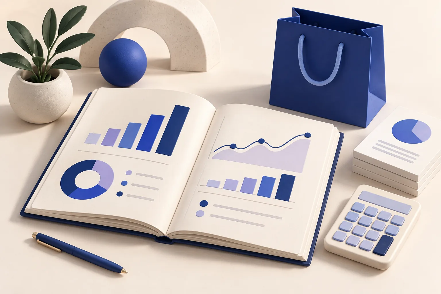 Concept illustration of an open metrics workbook, abstract charts, a calculator and a shopping bag