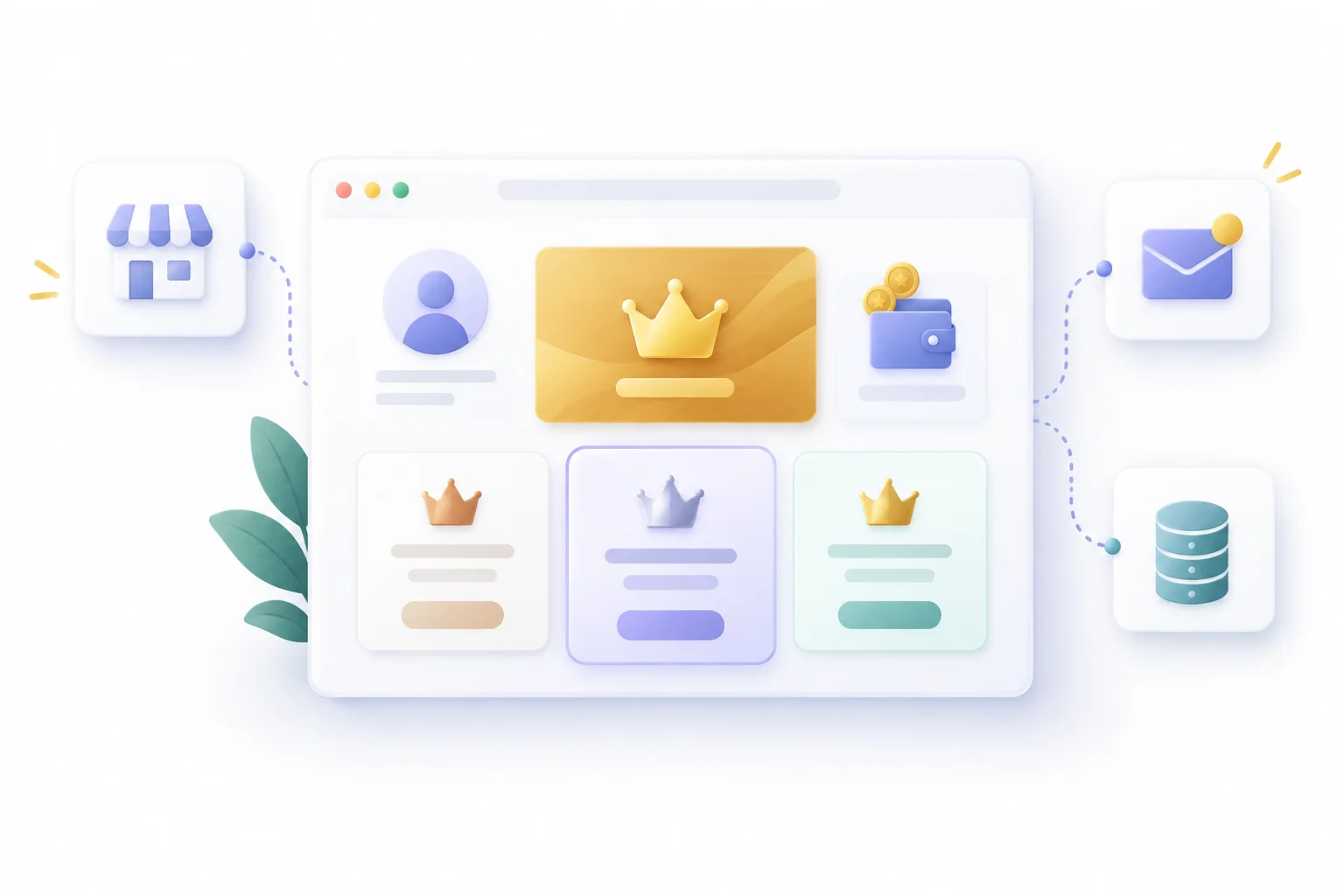 Illustration of a member portal with tier cards and a store-credit wallet connected to storefront, email and database icons