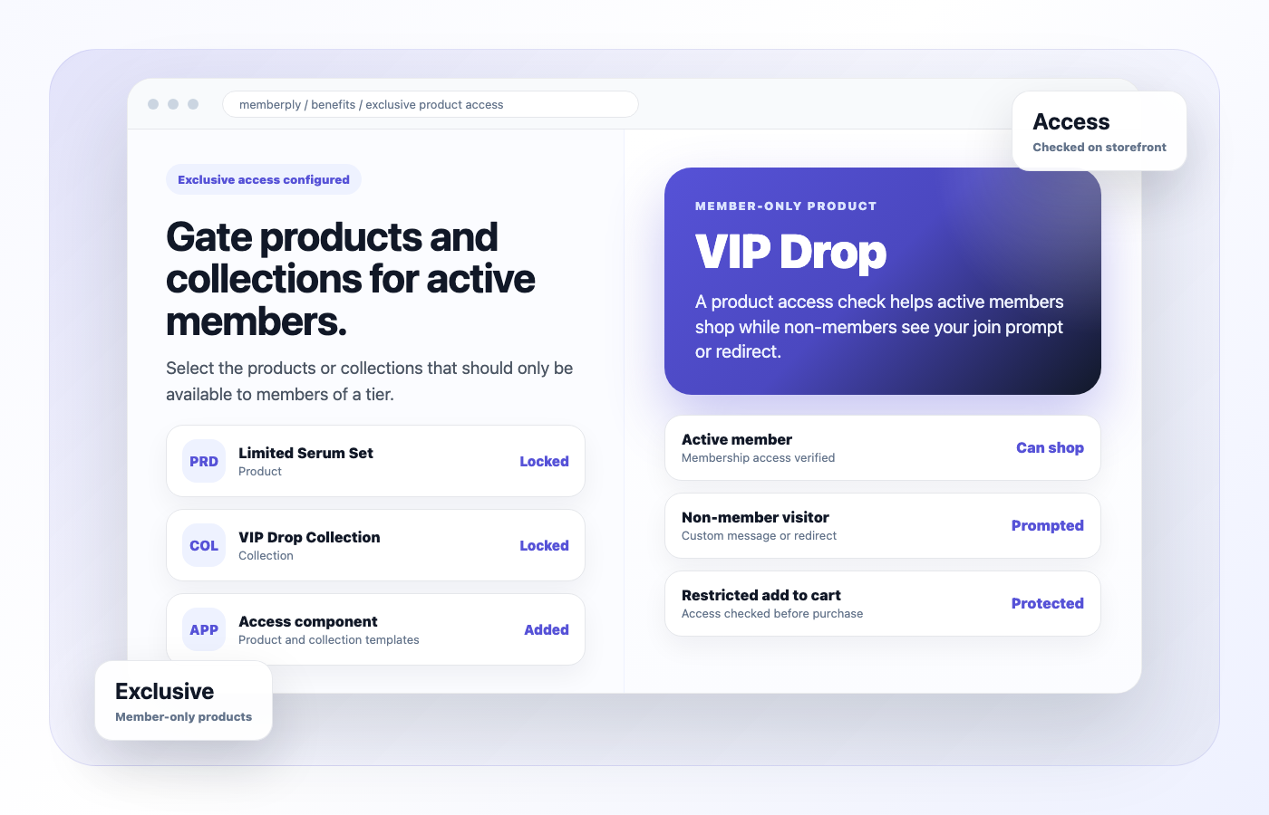 Shopify member-only access mockup showing exclusive products for active members