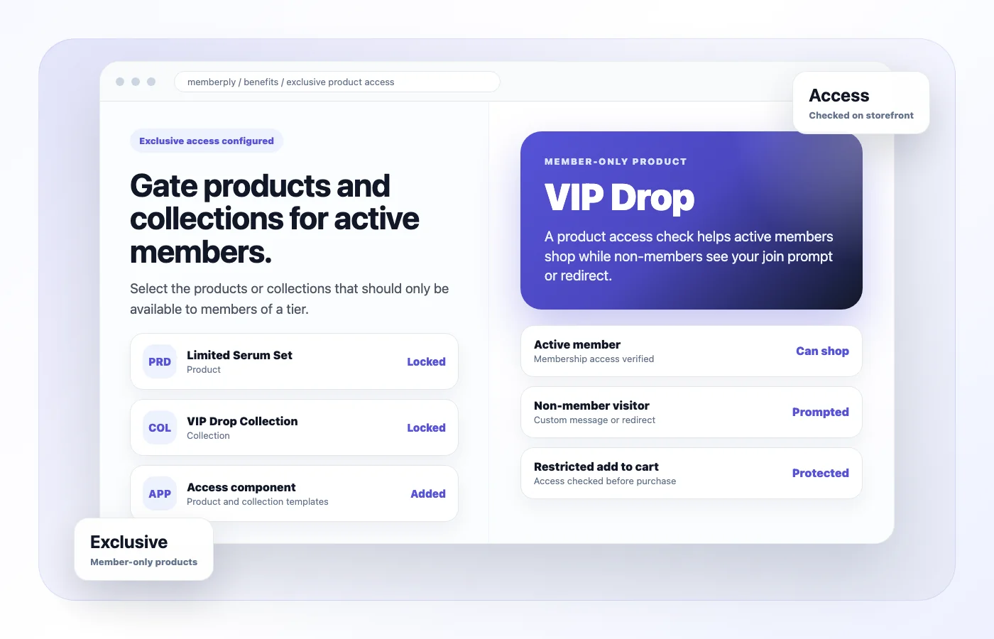 Illustrative members-only product interface showing a sample serum set, VIP collection and member eligibility checks