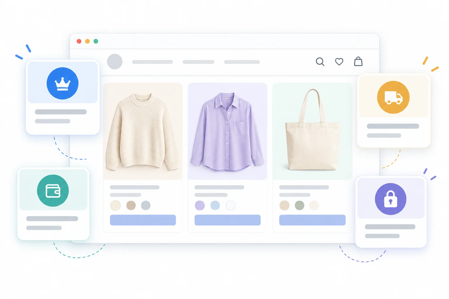 Illustration of a fashion storefront with clothing and membership, store credit, shipping and exclusive access benefit cards