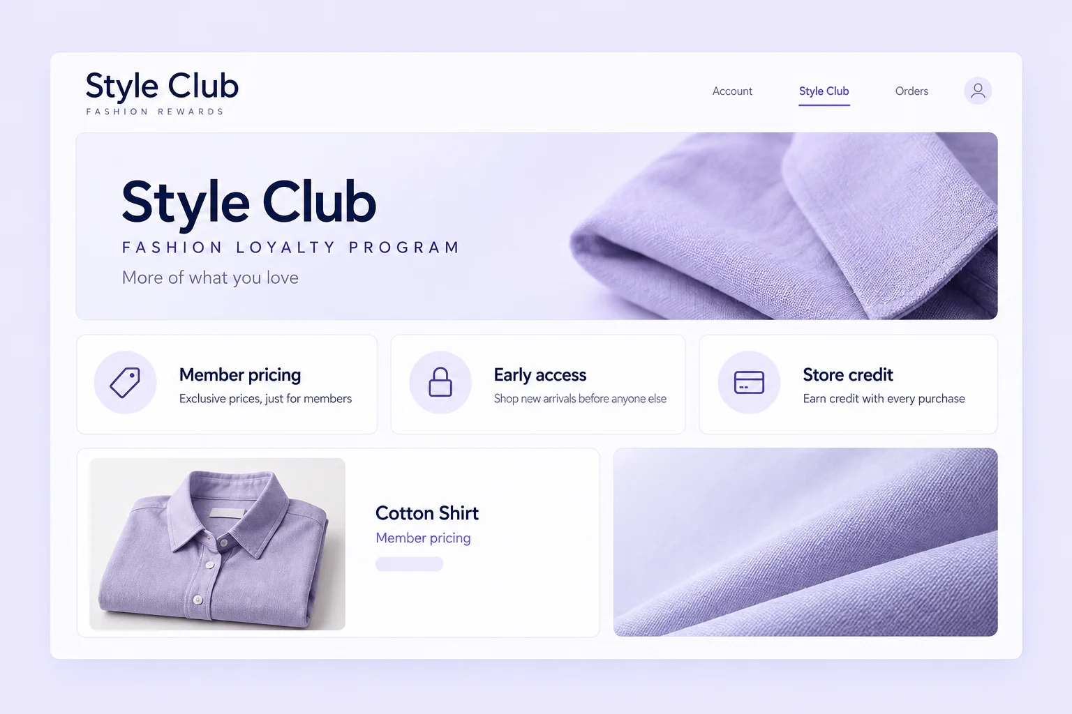 Illustrative fashion club member experience with member pricing, early access and store credit
