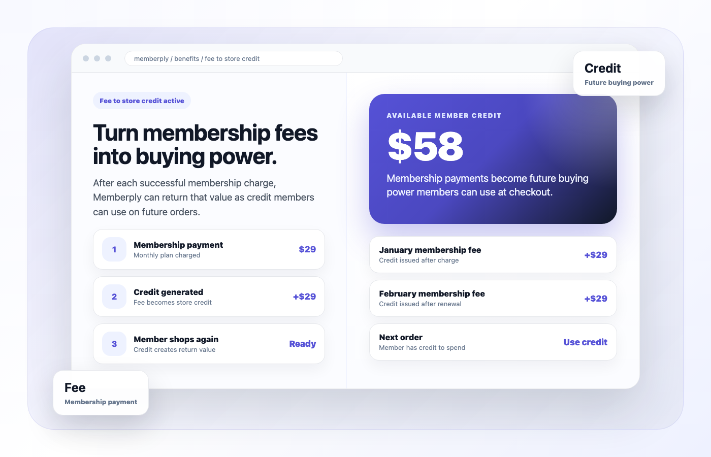 Memberply fee to store credit membership mockup
