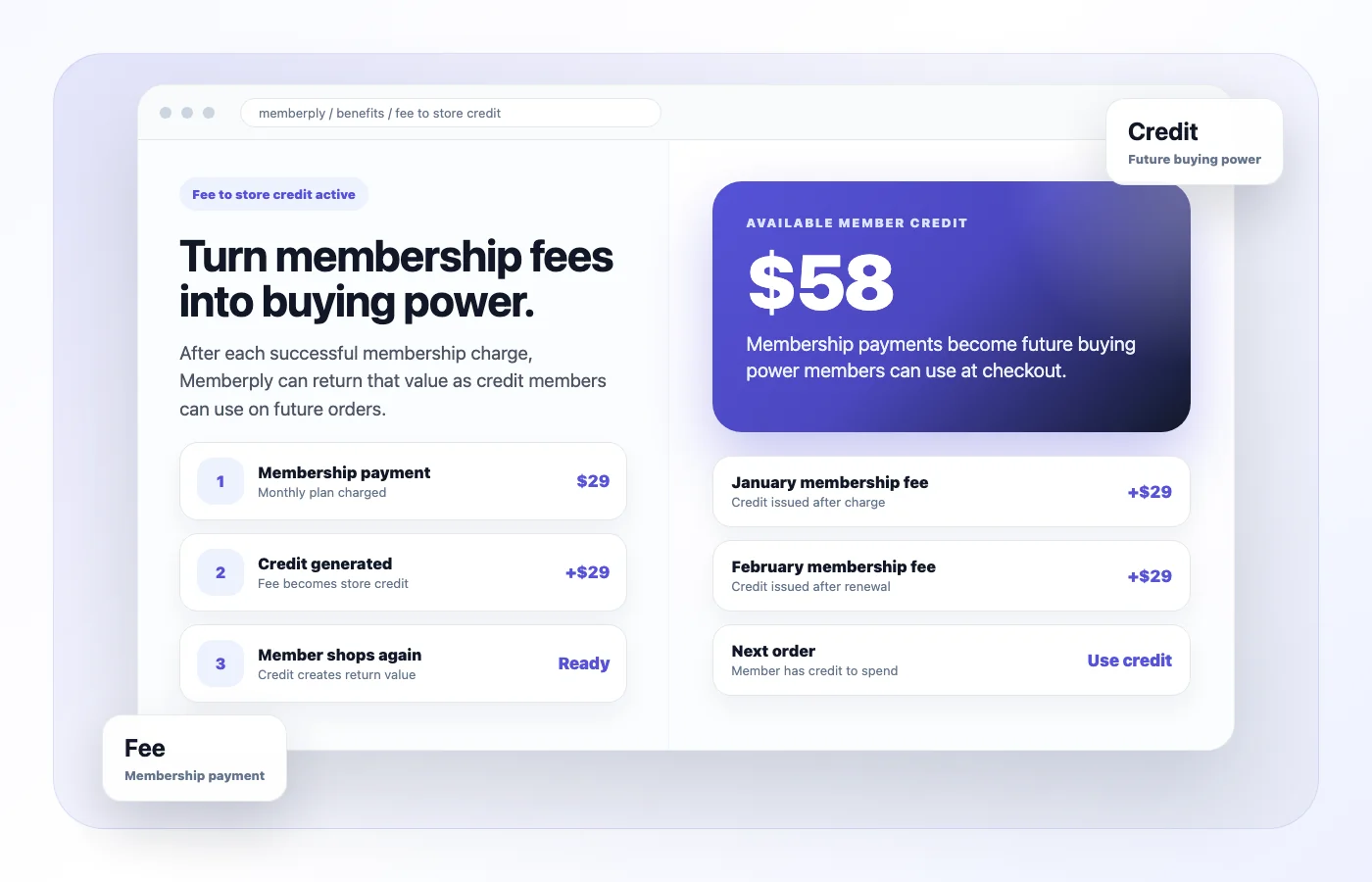 Illustrative membership credit interface showing two sample $29 payments creating $58 of unused store credit