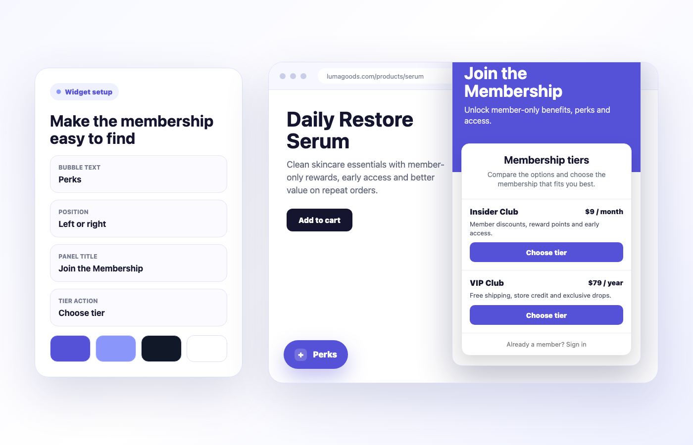 Memberply floating membership widget mockup