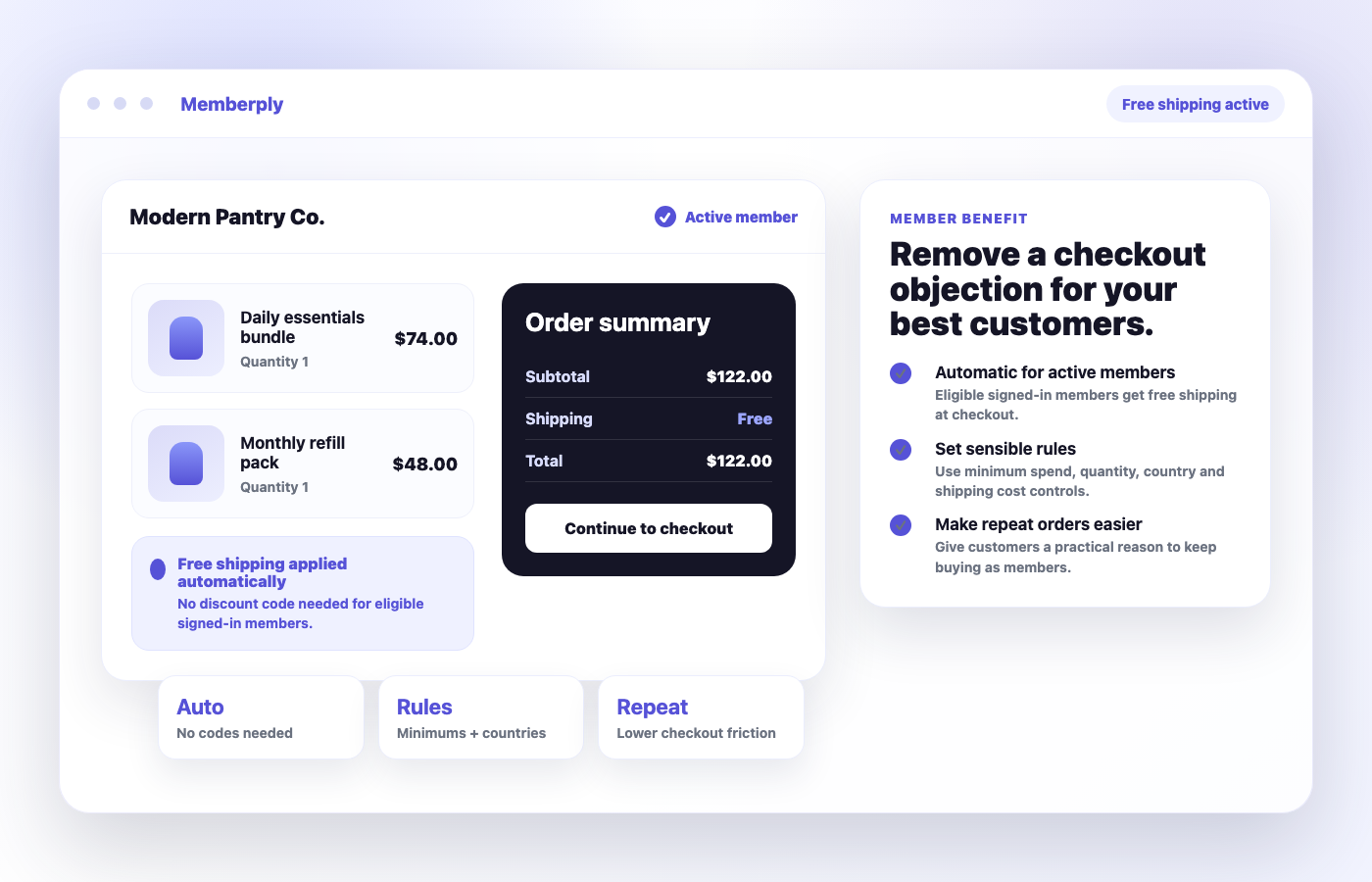 Shopify free shipping membership mockup showing a member free shipping benefit