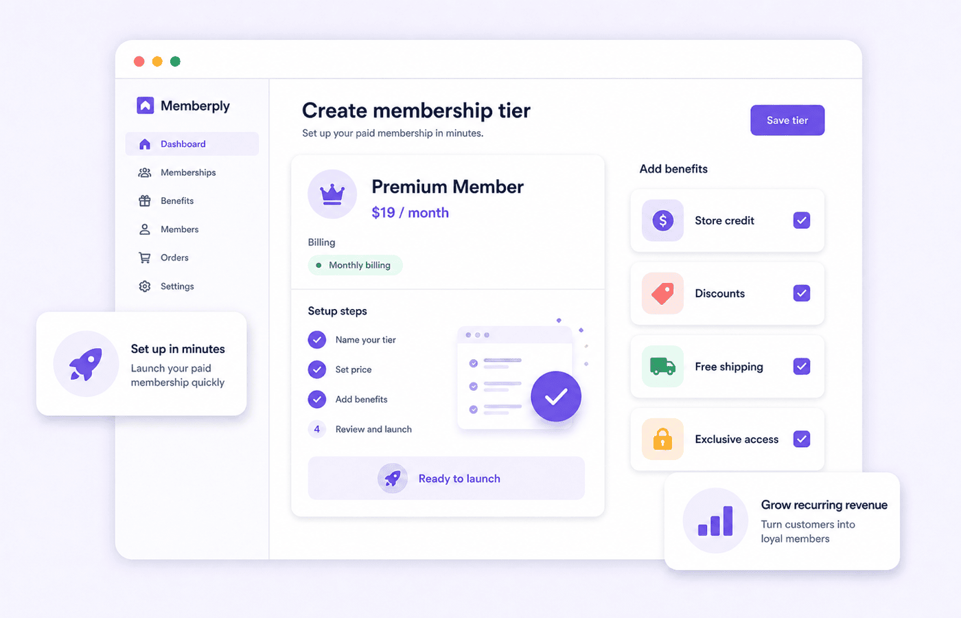 Memberply setup screen for creating a paid membership tier and adding member benefits