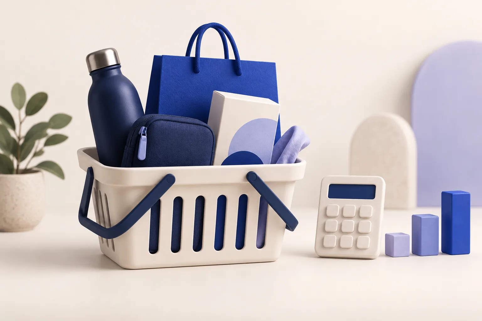 Concept illustration of a shopping basket with coordinated products, a calculator tile and small value blocks