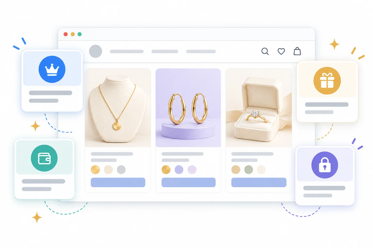 Illustration of a jewelry storefront with a necklace, earrings, a ring gift box and membership benefit cards