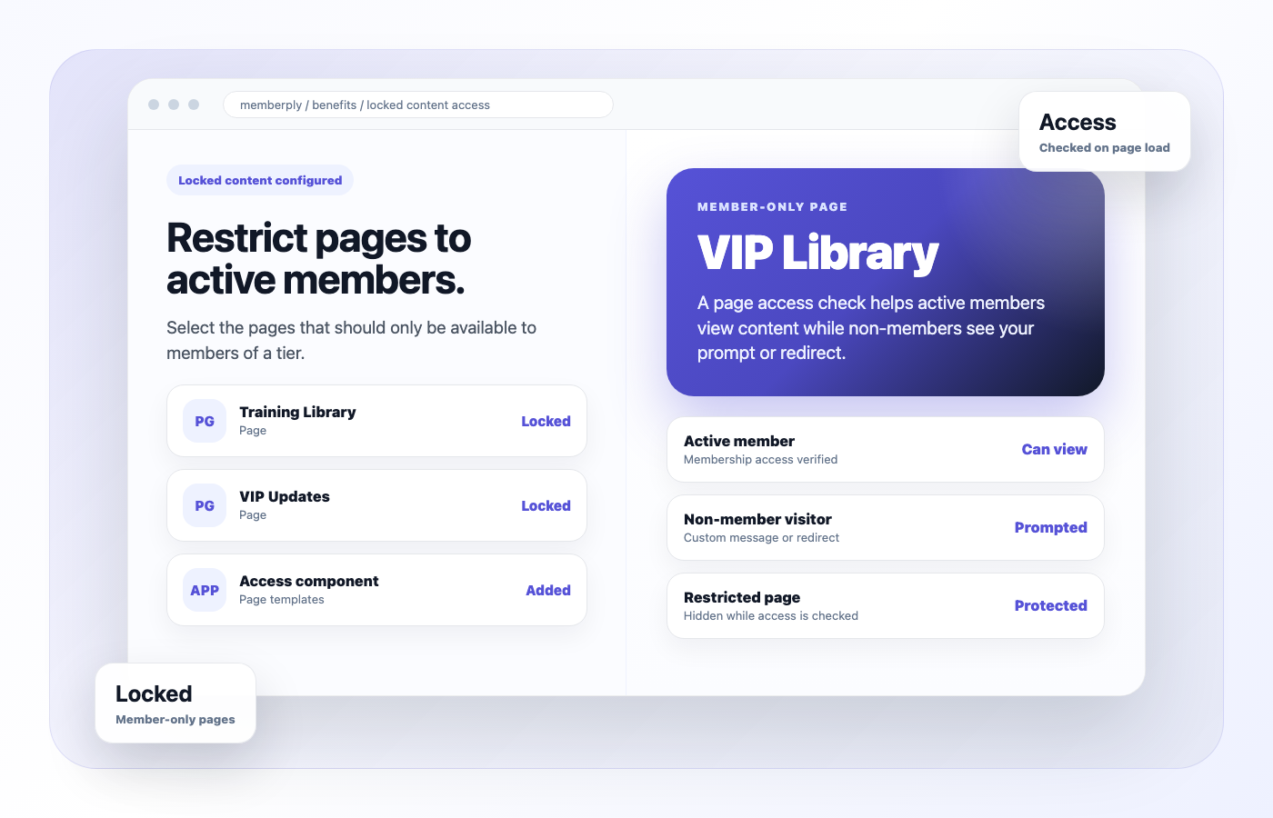 Memberply locked content access membership mockup