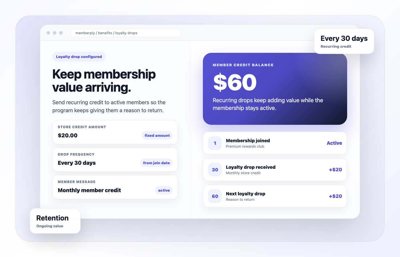 Memberply loyalty drops recurring store credit mockup