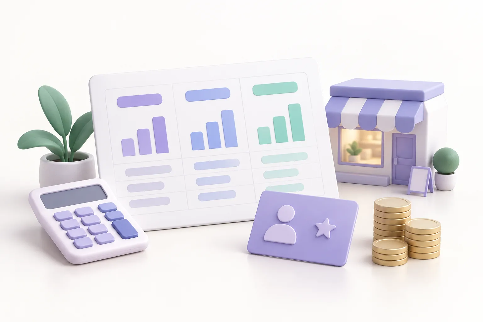 Illustrative loyalty planning worksheet, calculator, membership pass and small storefront in lavender and teal