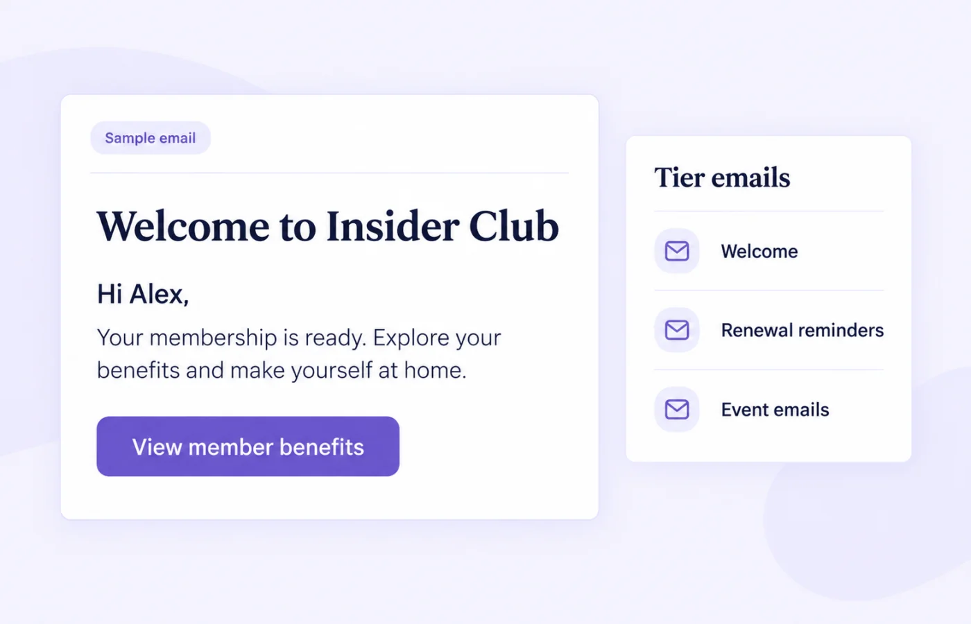 Illustrative member email interface with a sample Insider Club welcome message and tier email categories
