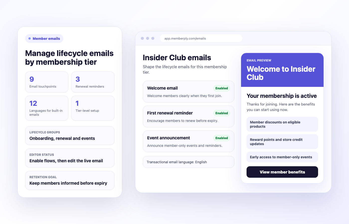 Memberply member emails dashboard mockup