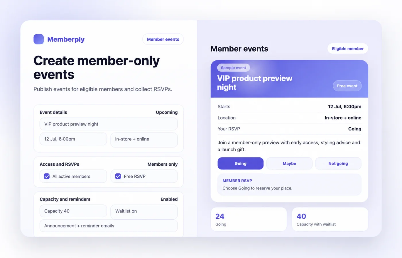 Illustrative free member event showing a sample VIP preview, RSVP choices, capacity and waitlist settings