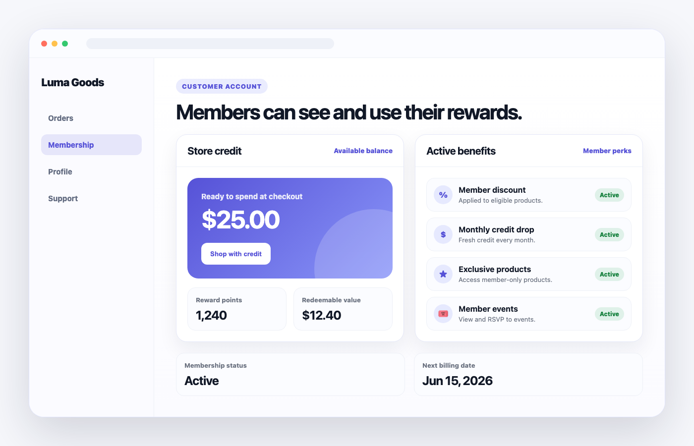 Customer member portal showing store credit, reward points and active benefits