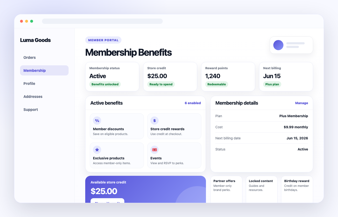 Memberply customer account member portal showing active benefits, store credit and reward points