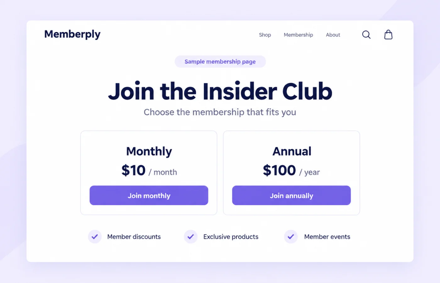 Illustrative merchant membership page with sample $10 monthly and $100 annual membership offers, not Memberply app pricing