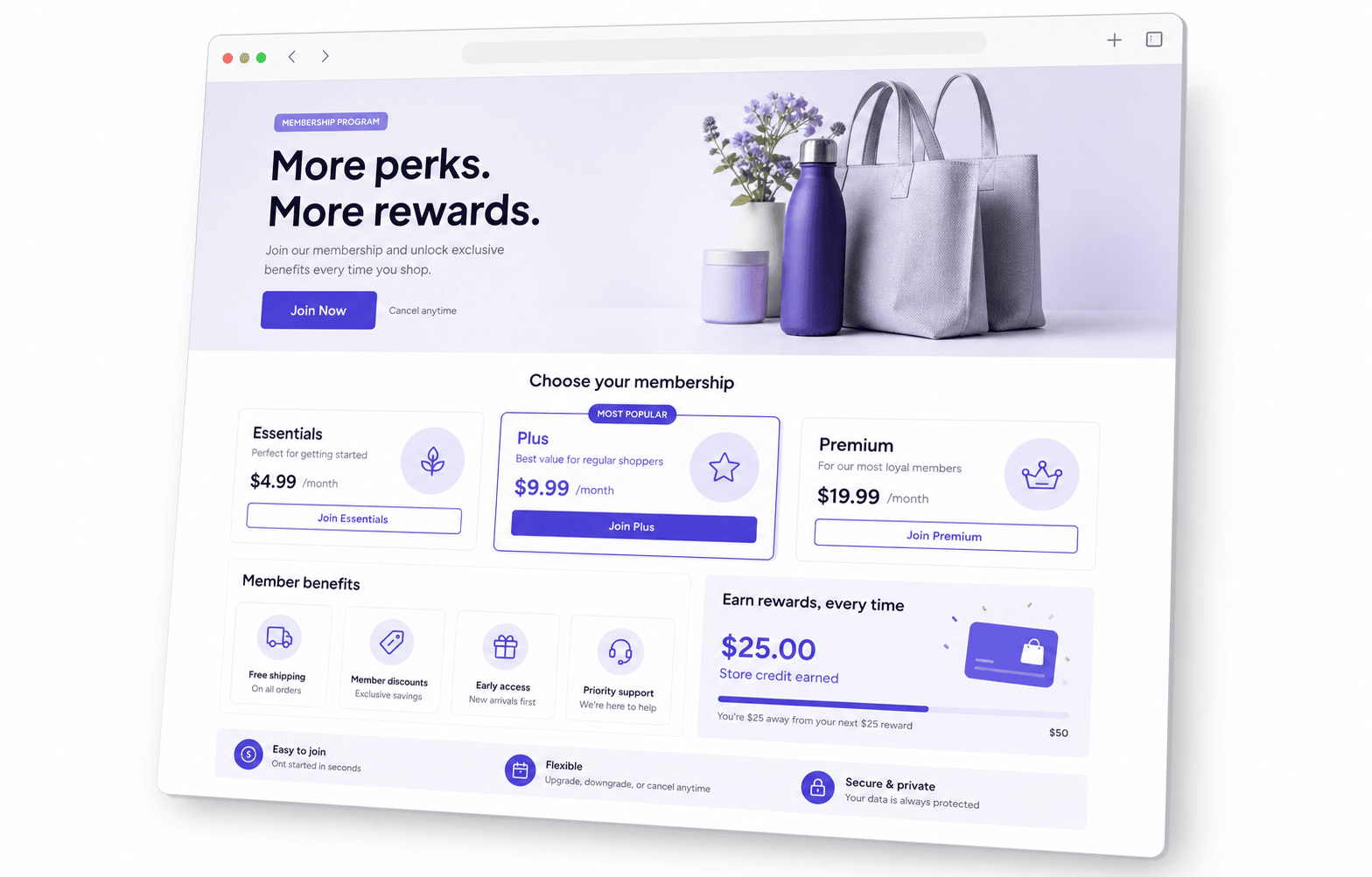 Shopify membership landing page example showing tiers, benefits and reasons to join