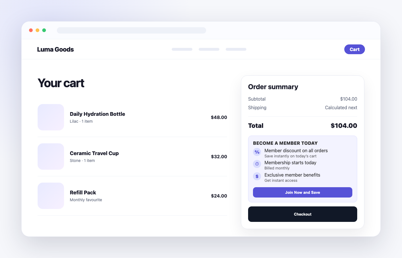 Cart page membership upsell prompting shoppers to join before checkout