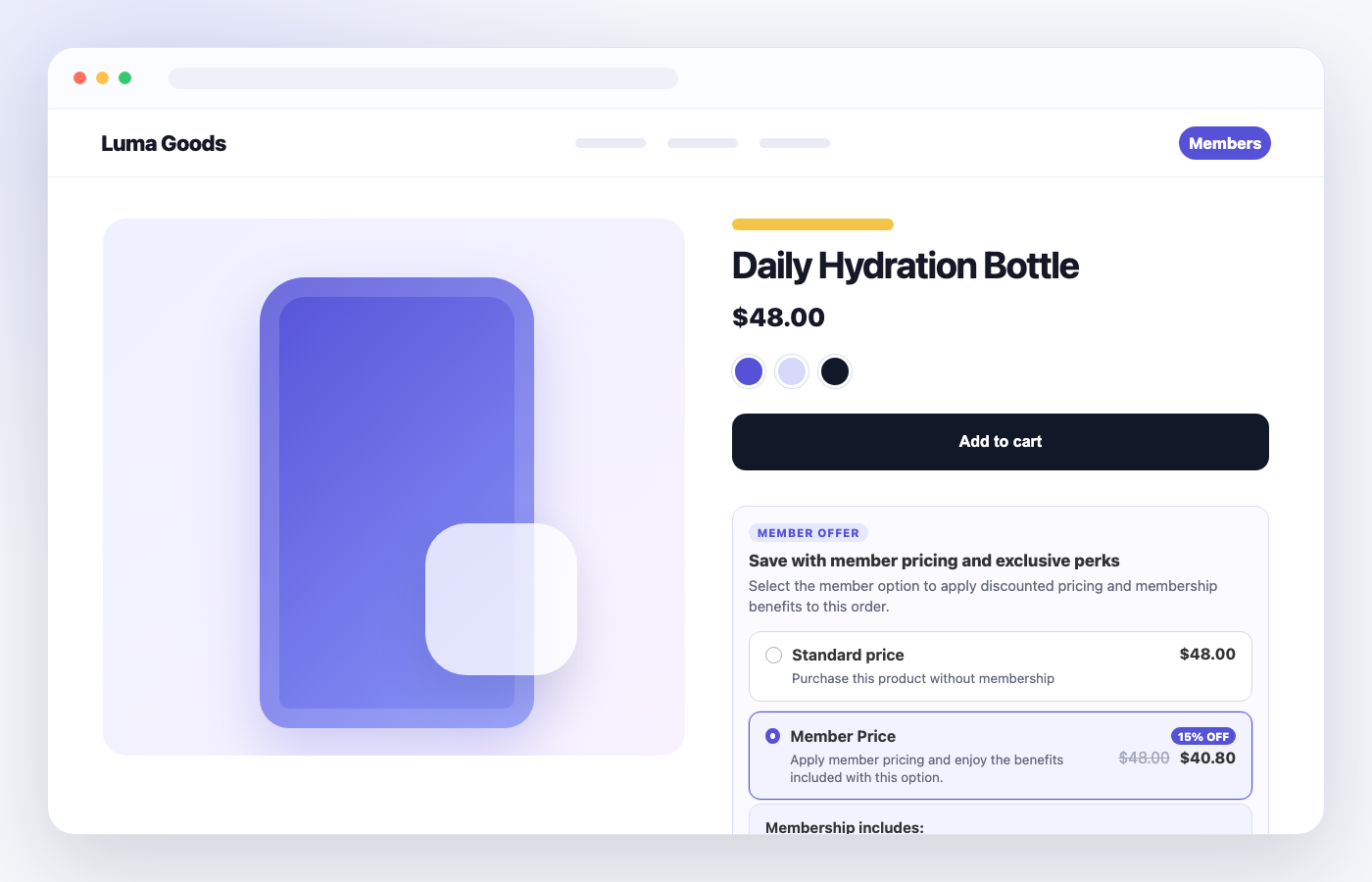 Product page membership upsell showing standard price and member price options