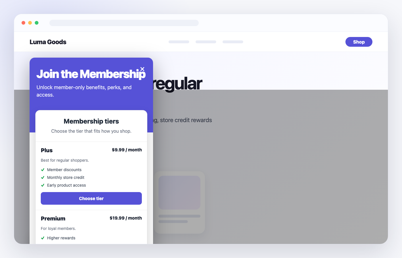 Floating storefront membership widget showing membership tiers and perks