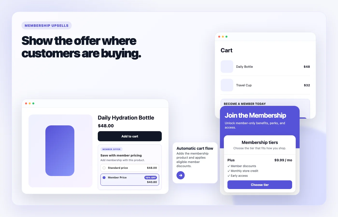 Illustrative membership offers on a product page, cart and perks panel with sample prices and benefits