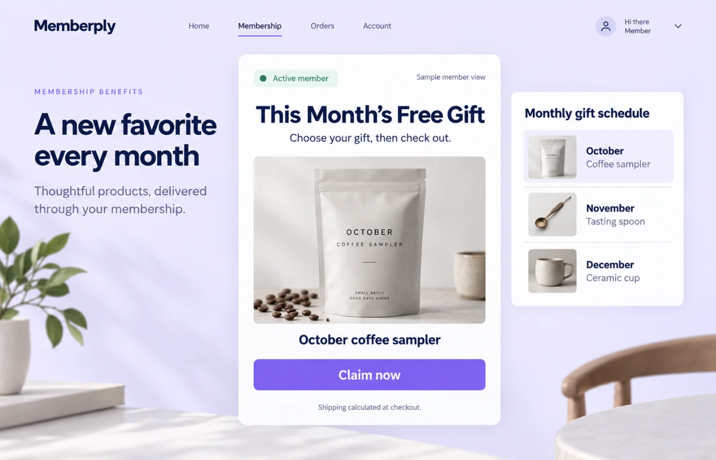 Illustrative member gift card for a sample October coffee sampler, with a claim button and three-month gift schedule