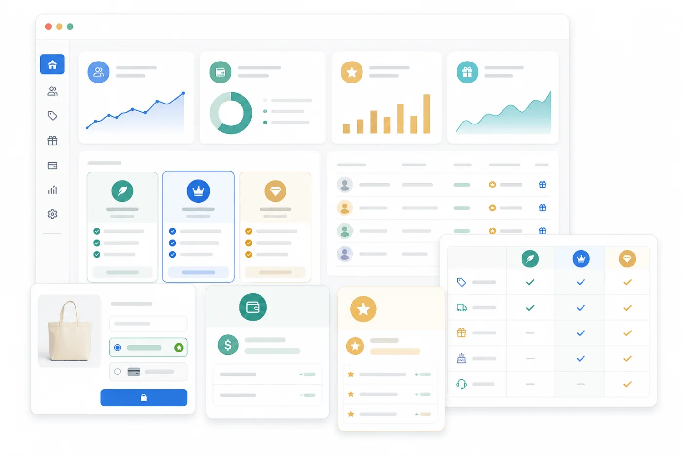 Illustrative membership concept showing tiers, rewards, a customer view and a benefit comparison; not a live app screenshot