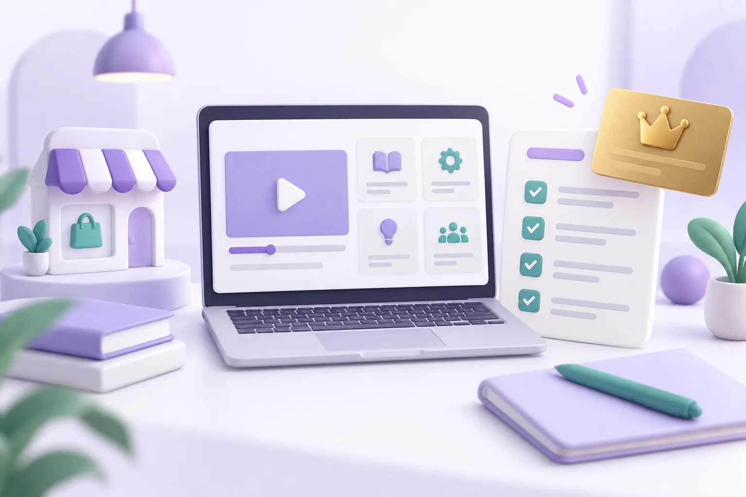 Illustration of an online lesson, a membership planning checklist and a gold VIP card beside a small storefront