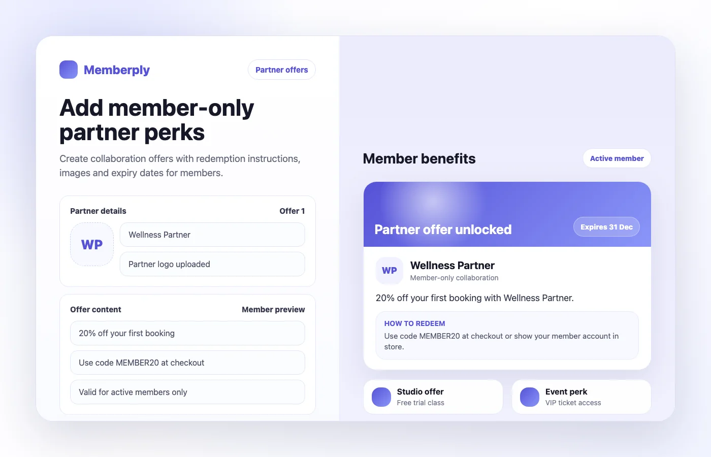 Illustrative partner offer setup and member preview with a sample wellness discount, redemption instructions and expiry date