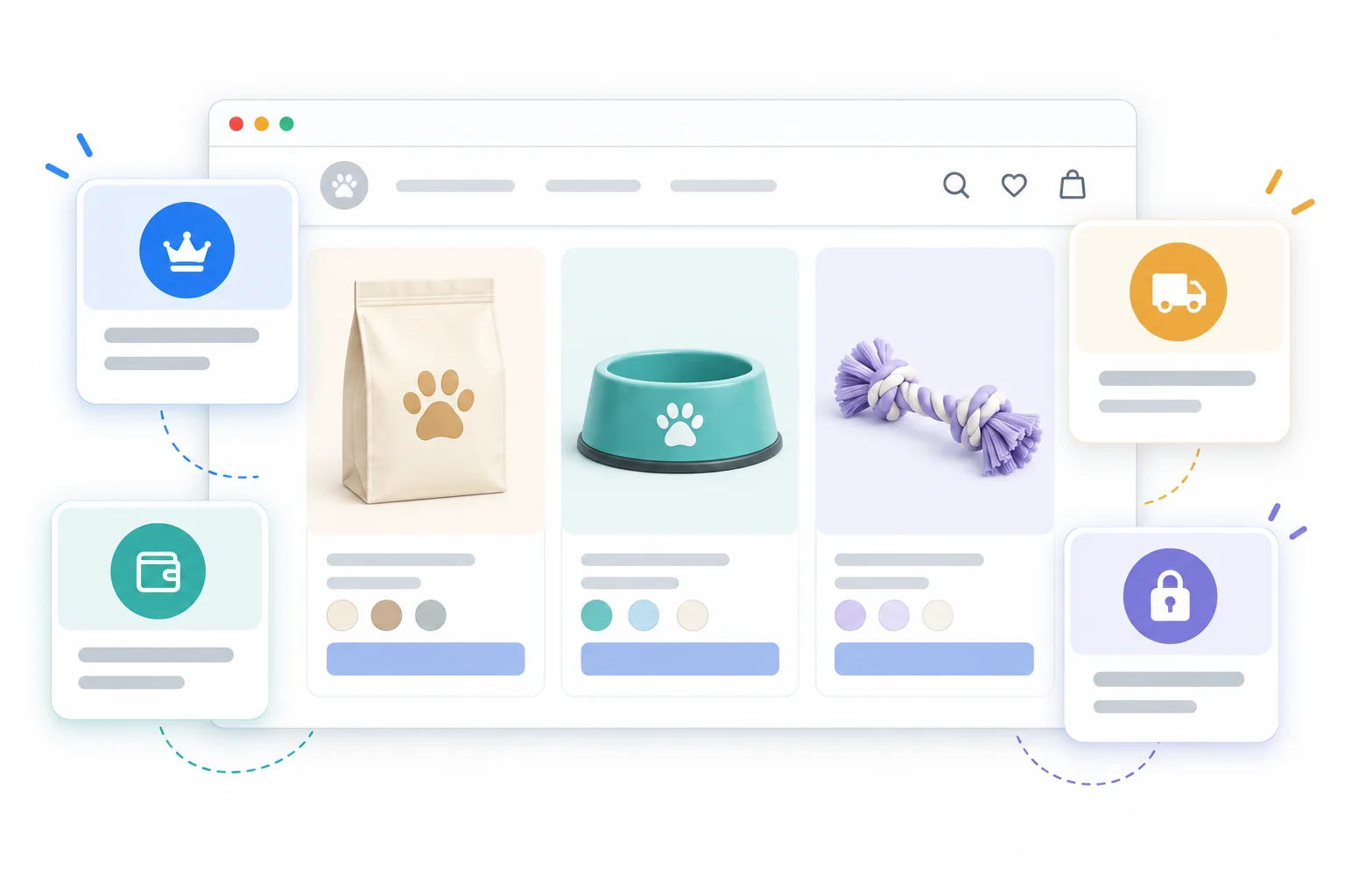 Illustration of a pet supply storefront with pet food, a bowl, a toy and membership reward cards