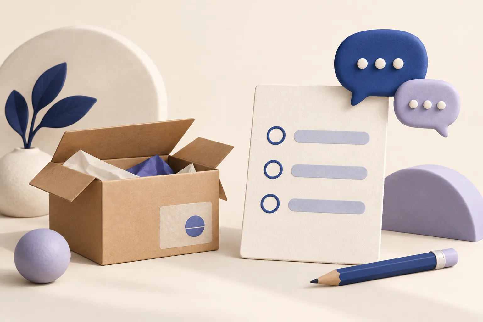 Conceptual illustration of a parcel, questionnaire card and speech bubbles representing customer feedback