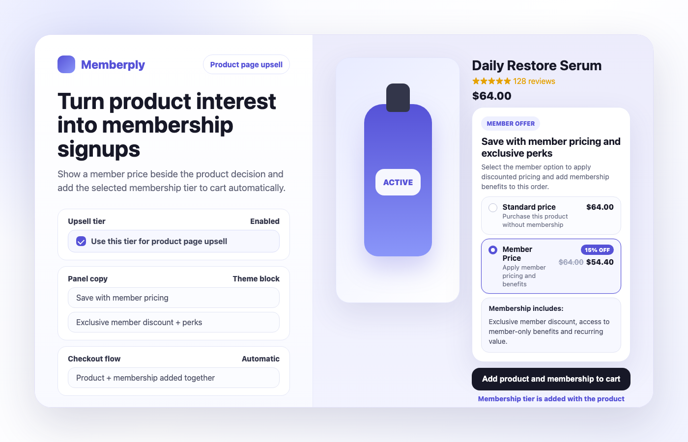 Memberply product page membership upsell mockup