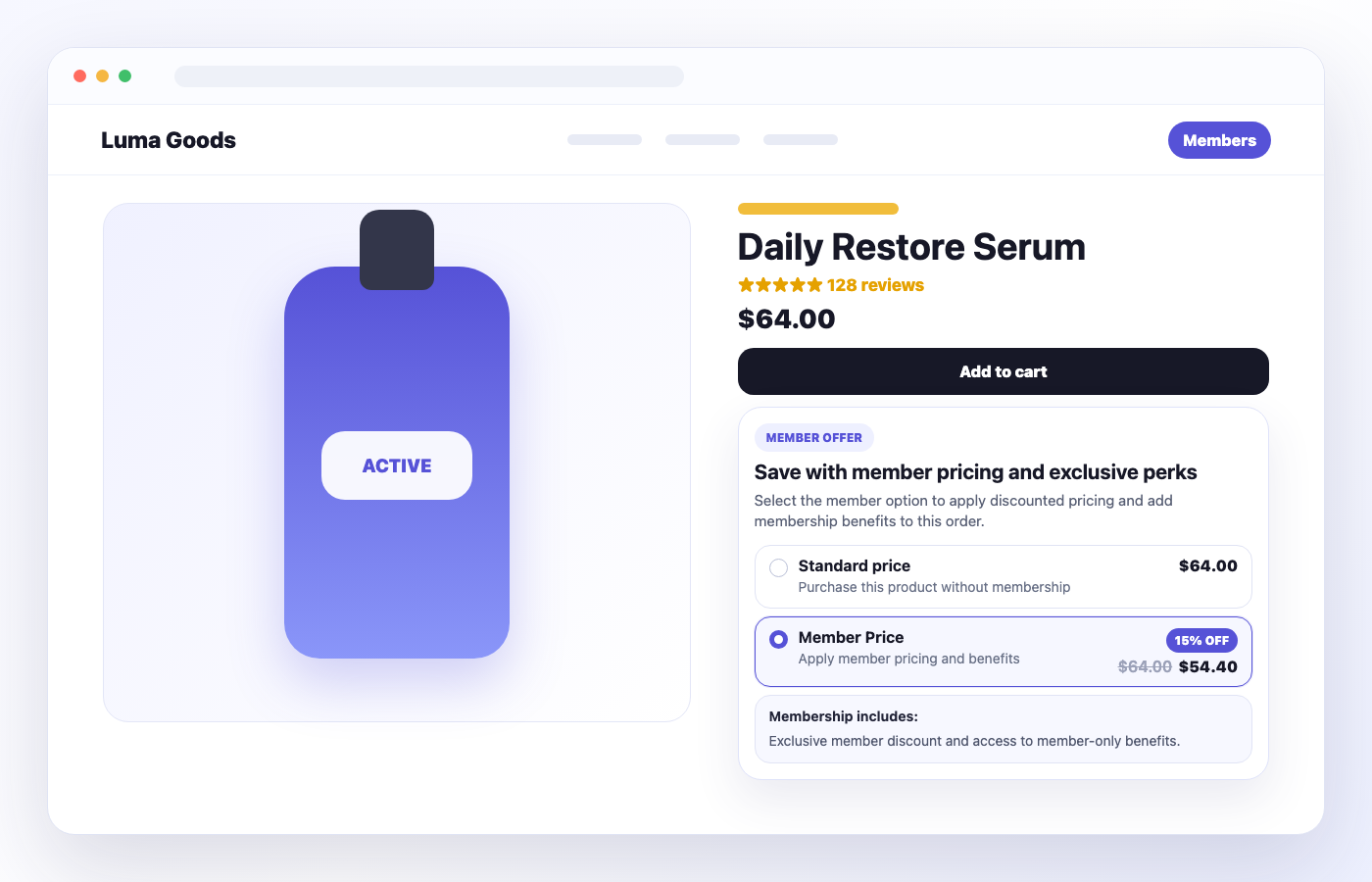 Large product page membership upsell example showing standard price and member price options