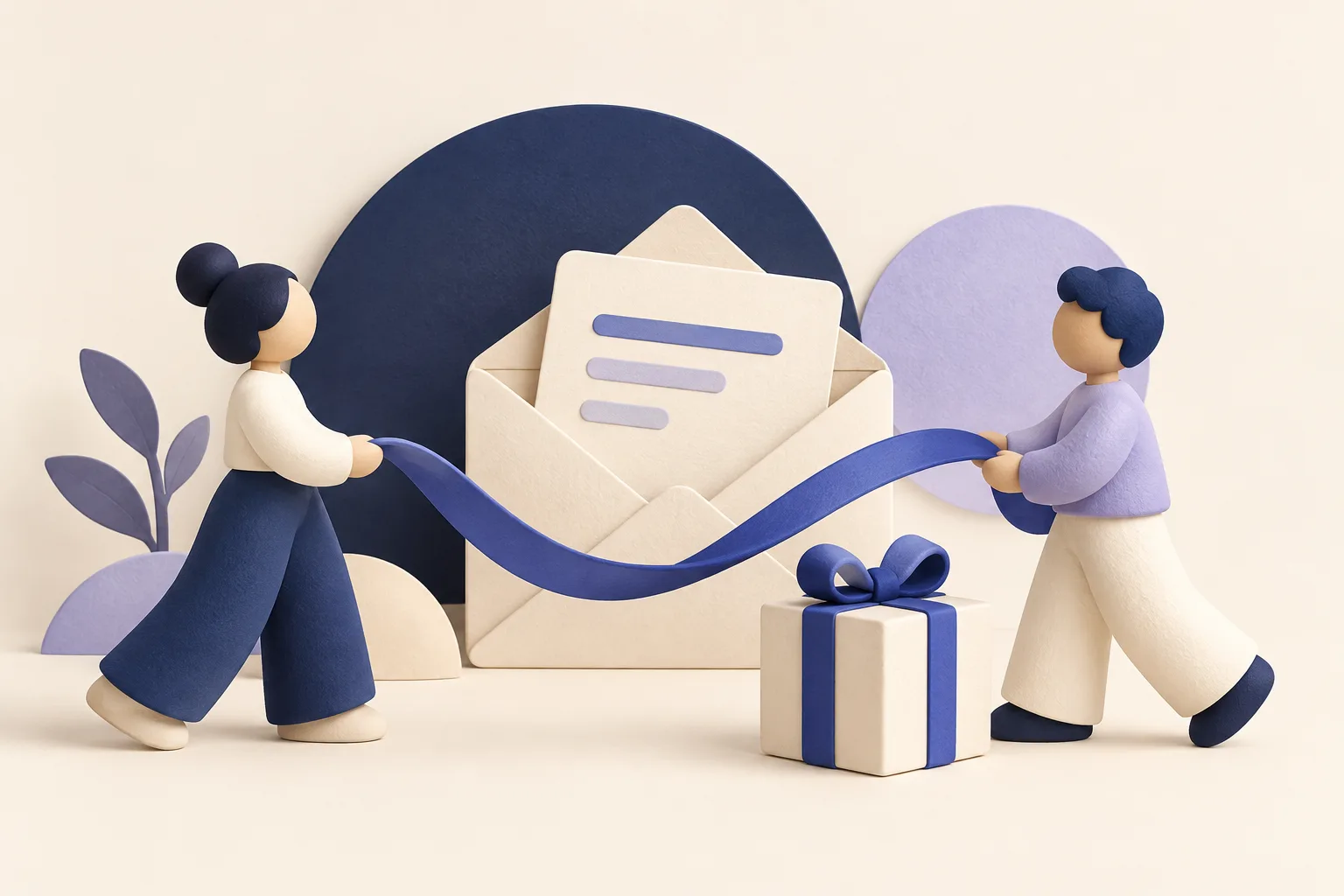 Conceptual illustration of two people connected by a ribbon beside an envelope and gift representing referral messages