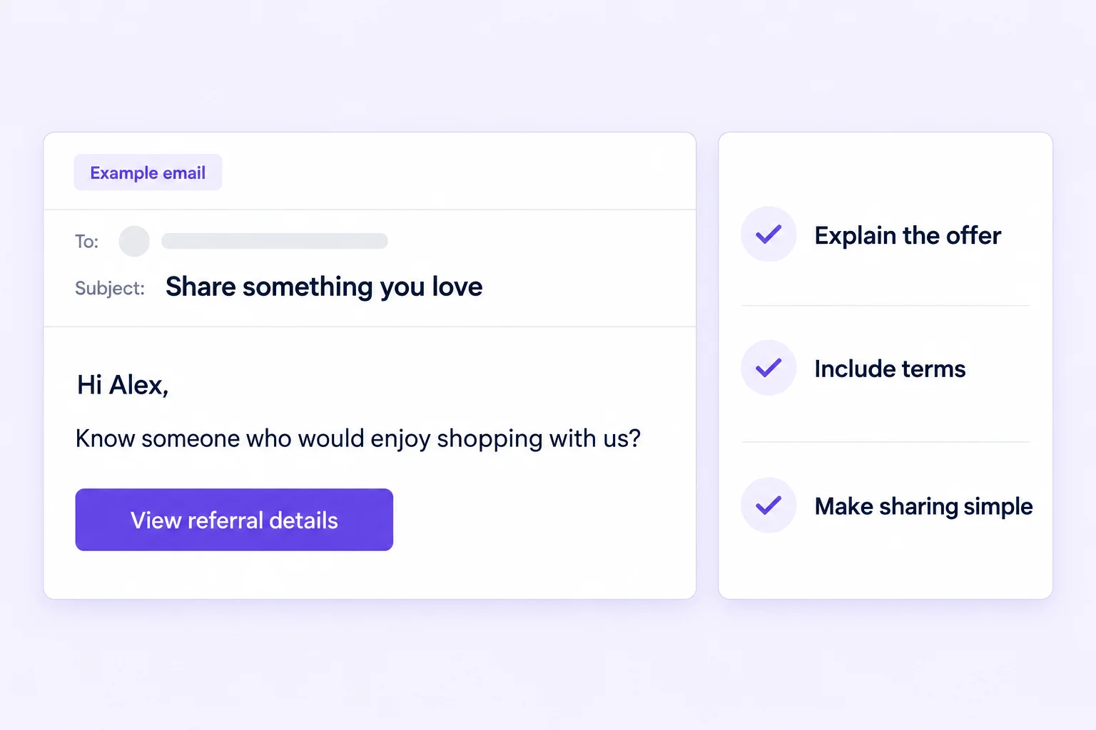 Illustrative referral email preview with a sharing invitation and offer planning checklist